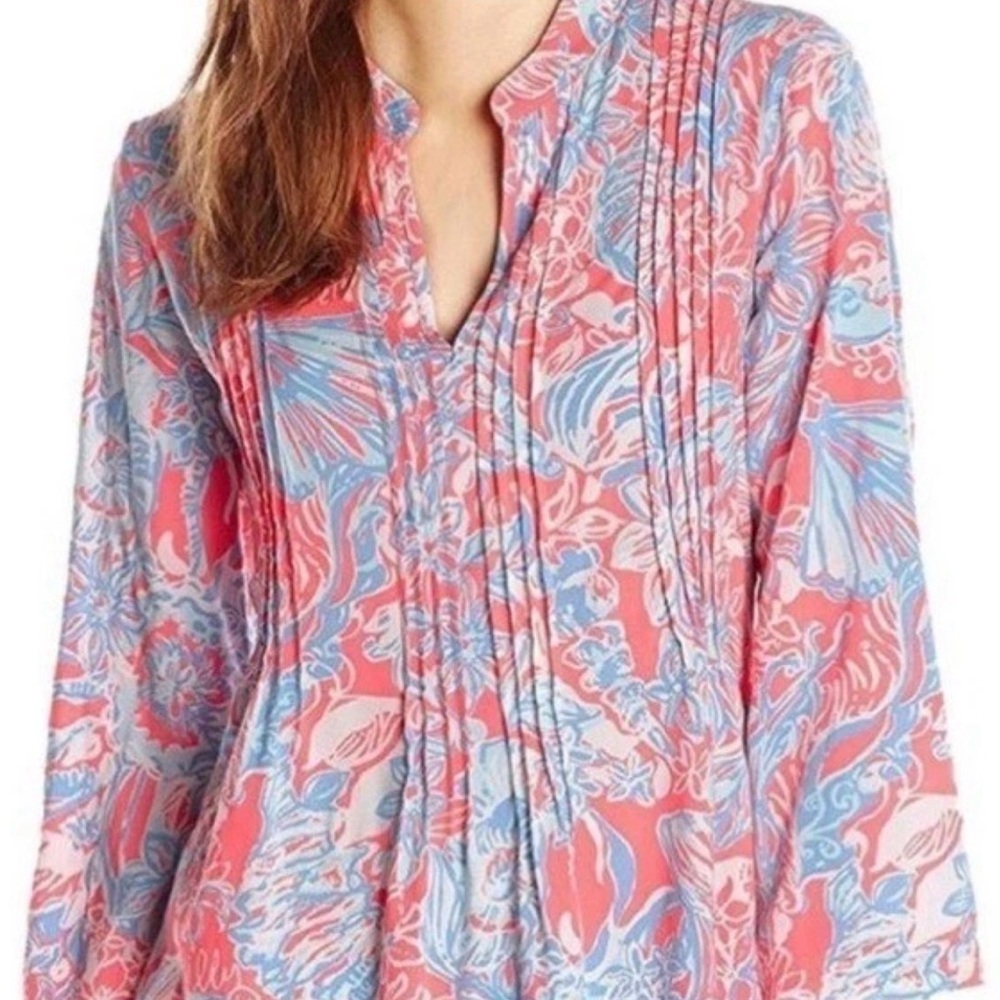 Lilly Pulitzer Women’s Sarasota Tunic Pink Sun Ray V-Neck 3/4 Sleeve Top Small